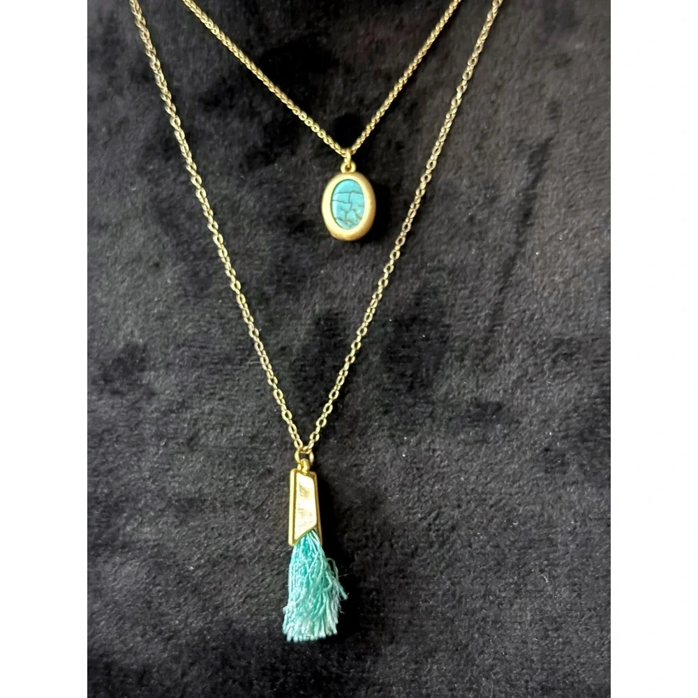 Gold Tone‎ Layered Necklace Faux Turquoise Oval Pendant Teal Tassel Boho Jewelry